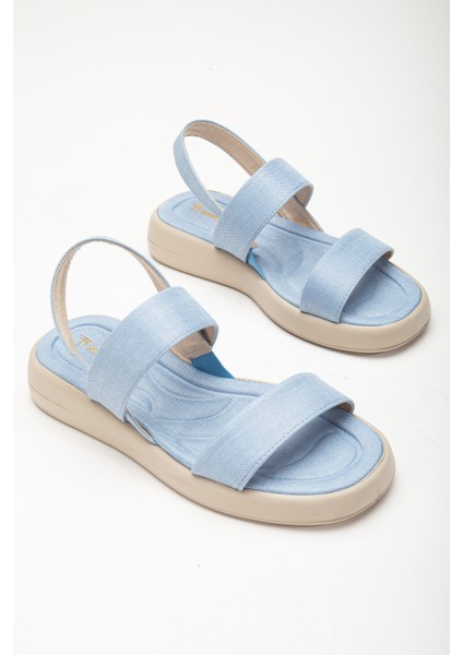 Kadın Bebe Mavisi Keten Rahat Kalıp Poli Taban Çift Bantlı Sandalet fırsatları