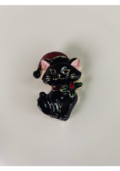 Noel Baba Şapkalı Siyah Kedi Broş Hediyelik 4x2 cm