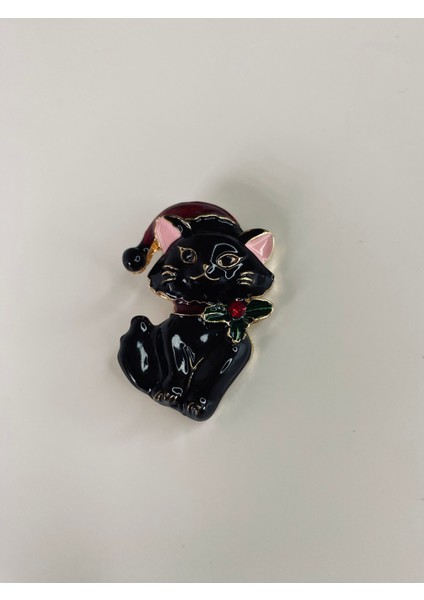 Noel Baba Şapkalı Siyah Kedi Broş Hediyelik 4x2 cm fiyatları