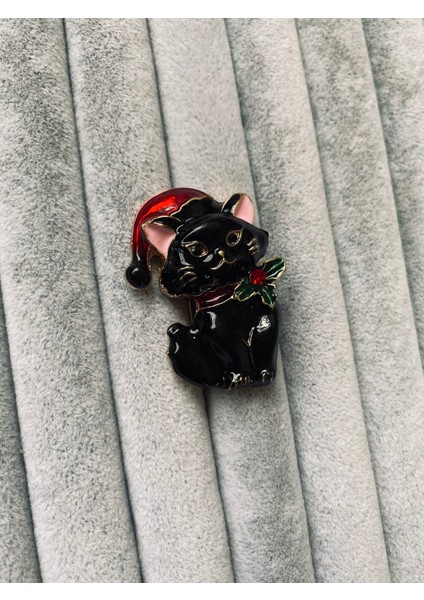Noel Baba Şapkalı Siyah Kedi Broş Hediyelik 4x2 cm fırsatları
