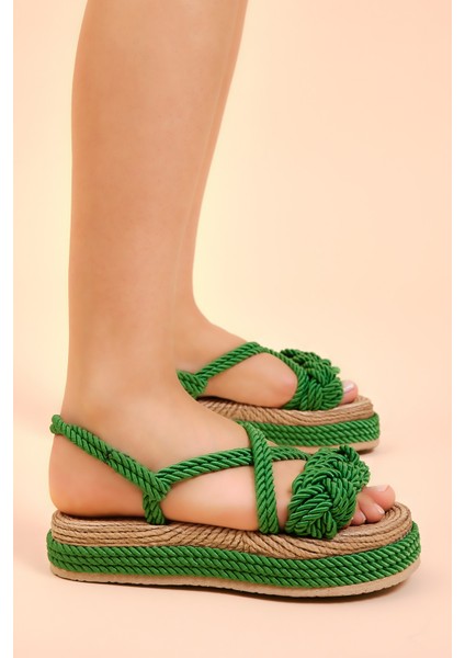 Kadın Çimen Yeşili Rahat Kalıp Sarmal Tek Bantlı Yüksek Taban Halat Sandalet