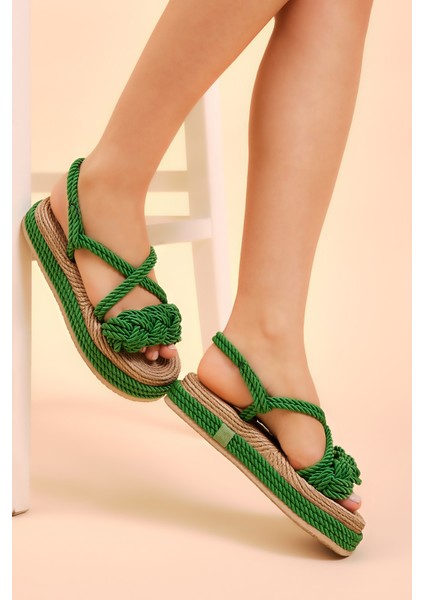 Kadın Çimen Yeşili Rahat Kalıp Sarmal Tek Bantlı Yüksek Taban Halat Sandalet fiyatları