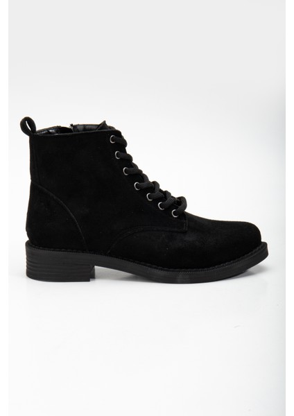 Kadın Siyah Süet Termo Taban Bağcıklı ve Fermuarlı Kısa Topuklu Bot
