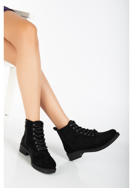Kadın Siyah Süet Termo Taban Bağcıklı ve Fermuarlı Kısa Topuklu Bot fiyatları