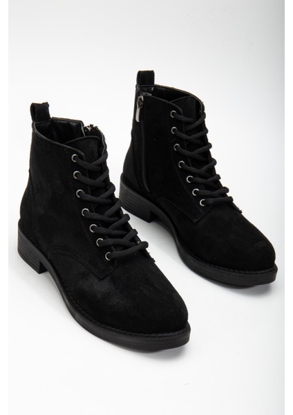 Kadın Siyah Süet Termo Taban Bağcıklı ve Fermuarlı Kısa Topuklu Bot modelleri