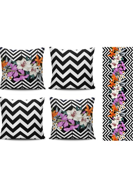 Zambak Çiçeği Desenli 4lü Kombin Kırlent Kılıfı+Runner