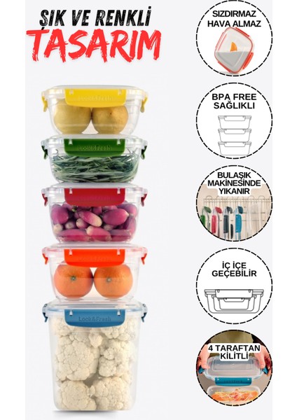 5’li Saklama Kabı %100 Hava Geçirmez Kilitli Bulaşık Makinesinde Yıkanır Sızdırmaz 800&1000&2100 ml