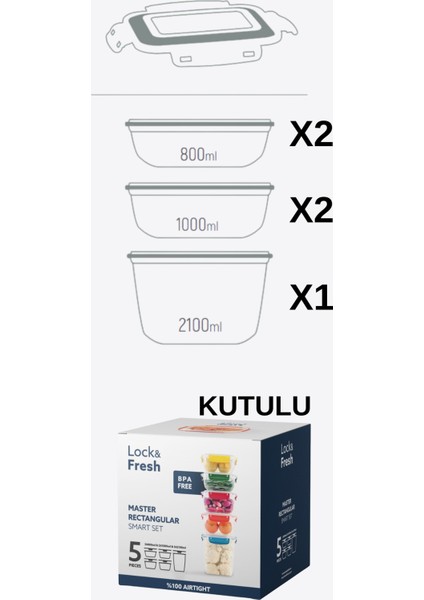 5’li Saklama Kabı %100 Hava Geçirmez Kilitli Bulaşık Makinesinde Yıkanır Sızdırmaz 800&1000&2100 ml modelleri