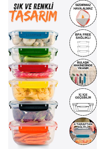 6’lı Saklama Kabı %100 Hava Geçirmez Kilitli Bulaşık Makinesinde Yıkanır Sızdırmaz 975 ML&1400 ml
