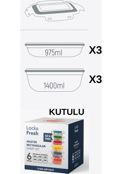 6’lı Saklama Kabı %100 Hava Geçirmez Kilitli Bulaşık Makinesinde Yıkanır Sızdırmaz 975 ML&1400 ml