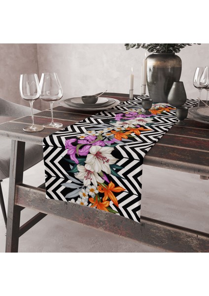 Zigzag Desenli Çiçekli Dekoratif Runner