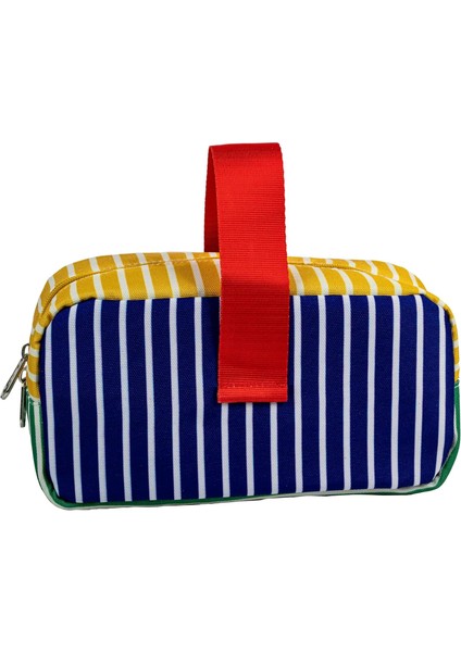 Kilitli Çok Amaçlı Çanta - Çizgili Model Kalem Kutusu / Makyaj Çantası Mavi-Yeşil-Sarı modelleri