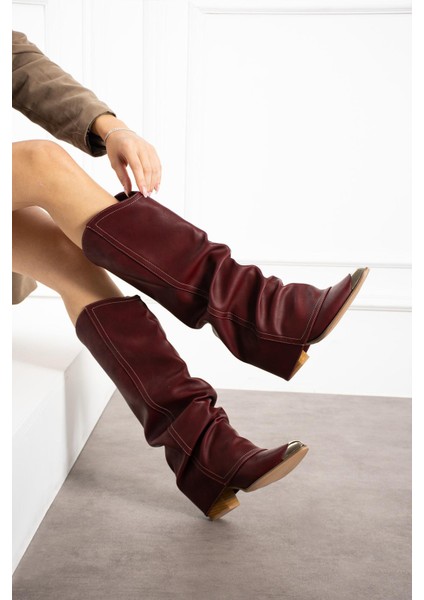 Lavem Kadın Çizme Kovboy Körüklü Bordu Mat Deri