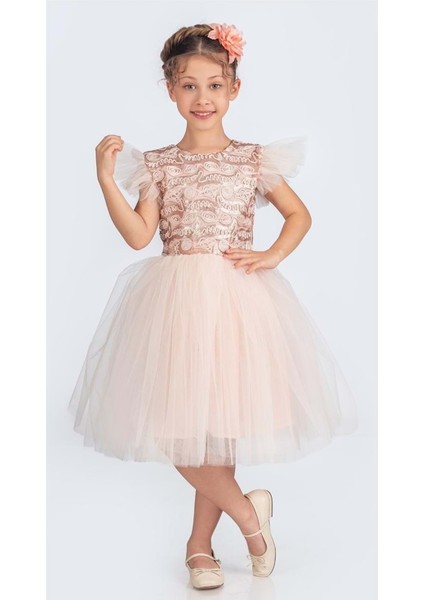 Küpeli Pul Payet Tüllü Kız Çocuk Elbise MNK0526