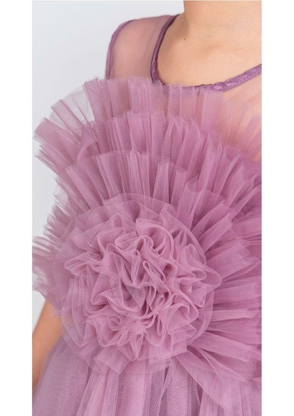 Uzun Etekli , Askılı Kız Cocuk Gül Motif Abiye Elbise M00670