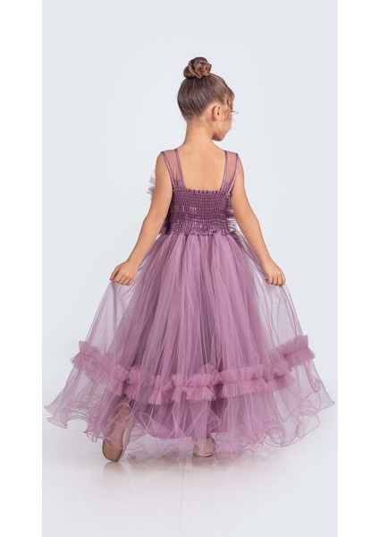 Uzun Etekli , Askılı Kız Cocuk Gül Motif Abiye Elbise M00670