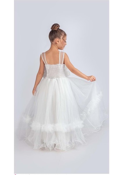 Uzun Etekli , Askılı Kız Cocuk Gül Motif Abiye Elbise M00670