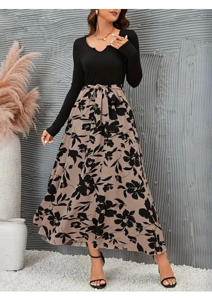 Kadın Uzun Kollu Yaka Açık Üst Kaşkorse Beli Kuşaklı Alt Çiçek Baskılı Dalgıç Elbise