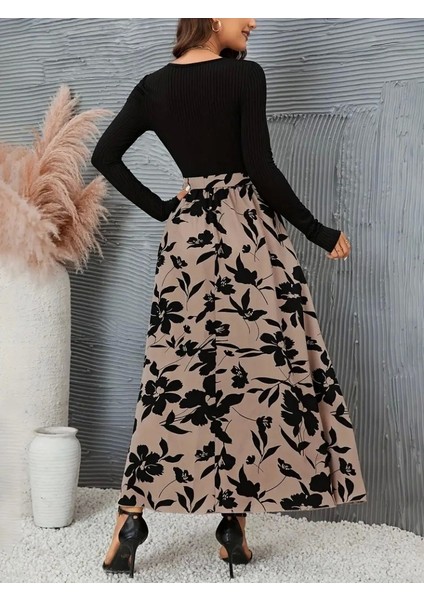 Kadın Uzun Kollu Yaka Açık Üst Kaşkorse Beli Kuşaklı Alt Çiçek Baskılı Dalgıç Elbise fiyatları