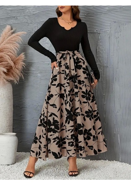 Kadın Uzun Kollu Yaka Açık Üst Kaşkorse Beli Kuşaklı Alt Çiçek Baskılı Dalgıç Elbise modelleri