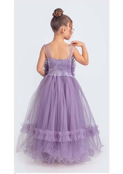 Uzun Etekli , Askılı Kız Cocuk Gül Motif Abiye Elbise M00670