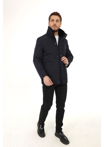 Regular Içi Kapitoneli Lacivert ( Çıkarılabilir Kürklü Yaka ) Kaban