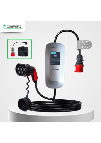 Elektrikli Araba Taşınabilir Şarj Cihazı 22 kw / 32A / Tip-2 / 5x32A Fiş / Trifaze / 5m / Çantalı / Ev Tipi Dönüştürücü Kablolu
