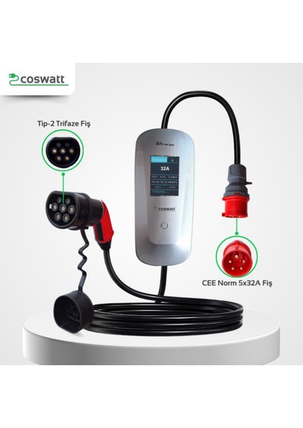 Elektrikli Araba Taşınabilir Şarj Cihazı 22 kw / 32A / Tip-2 / 5x32A Fiş / Trifaze / 5m / Çantalı / Ev Tipi Dönüştürücü Kablolu