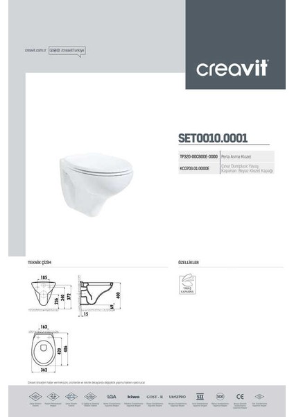 Perla Asma Klozet Çınar Duroplast Klozet Kapağı Beyaz - Set