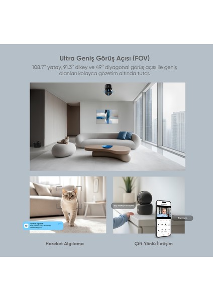 Akıllı 360° Kamera Wi-Fi, 1620p 3K, Gece Görüş, Ses Gönderme ve Alma