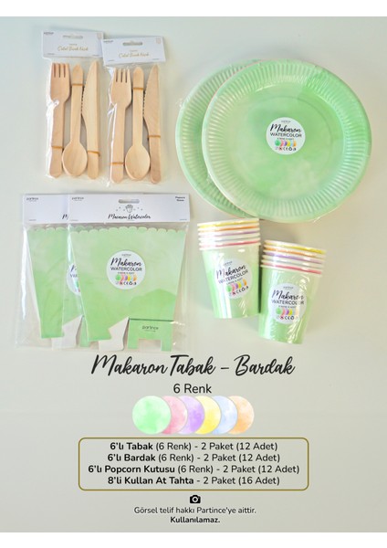 Karışık Pastel Renkli Kullan At Tabak-Bardak-Çatal Kaşık Bıçak-Popcorn Kutusu 12 Kişilik Parti Seti modelleri