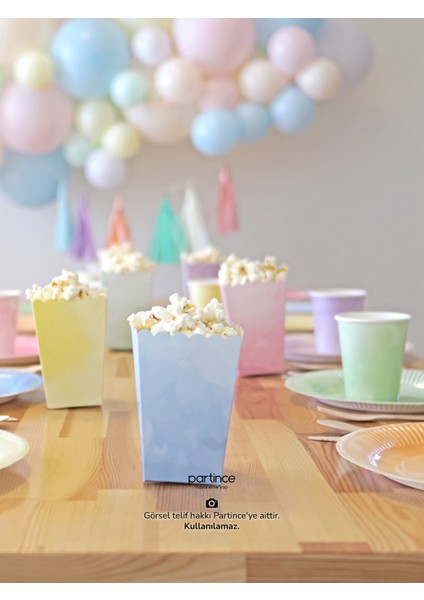 Karışık Pastel Renkli Kullan At Tabak-Bardak-Çatal Kaşık Bıçak-Popcorn Kutusu 12 Kişilik Parti Seti