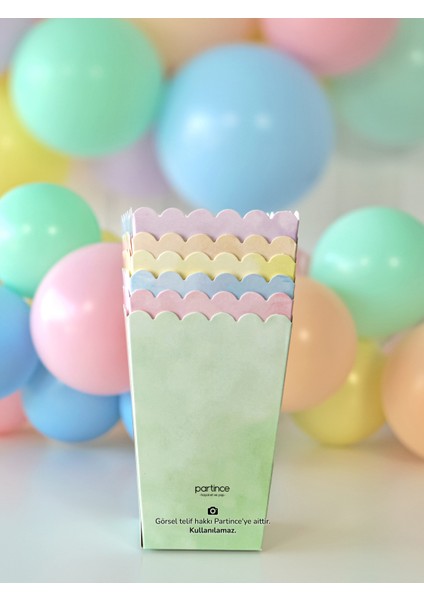 Karışık Pastel Renkli Kullan At Tabak-Bardak-Çatal Kaşık Bıçak-Popcorn Kutusu 12 Kişilik Parti Seti