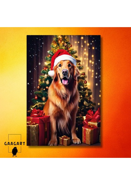 Tekli Dikey Kanvas Duvar Tablosu Yılbaşı si Noel Baba Kostümlü Golden