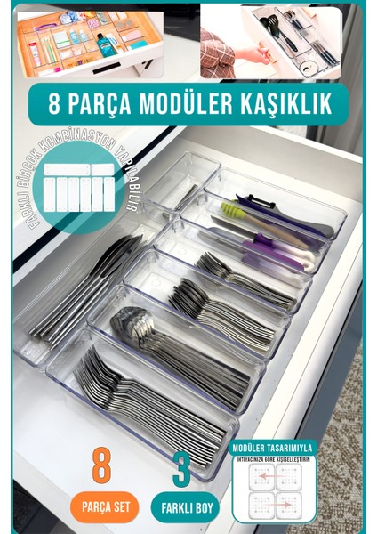 8 Parça Modüler Kaşıklık Kaşık Düzenleyici Organizer Çekmece Içi Düzenleyici