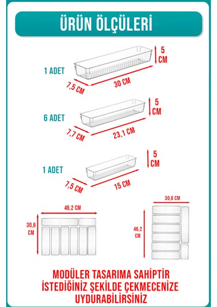 8 Parça Modüler Kaşıklık Kaşık Düzenleyici Organizer Çekmece Içi Düzenleyici