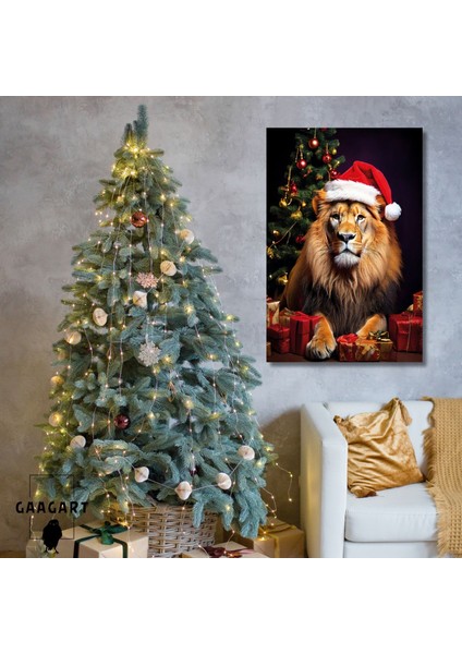 Tekli Dikey Kanvas Duvar Tablosu Yılbaşı si Noel Baba Kostümlü Aslan