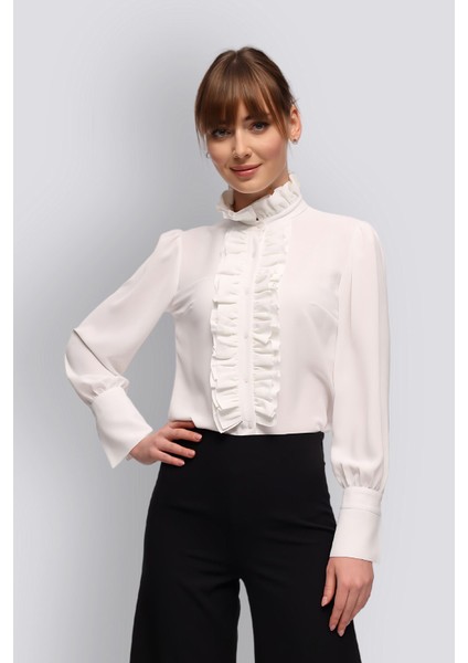 Juliet | Tasarım Gömlek Hakim Yakalı Manşetli Uzun Kollu Yakası ve Patı Fırfırlı - Beyaz