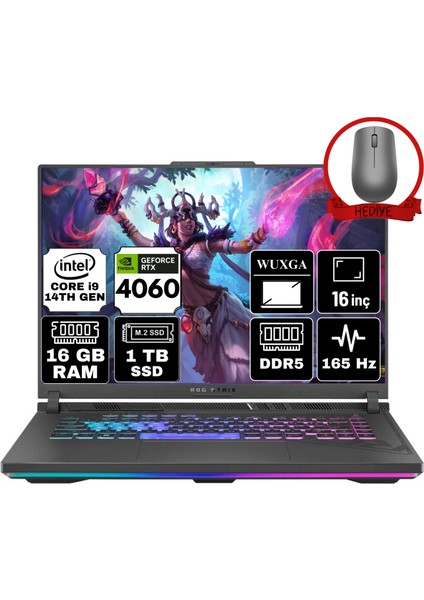 Rog Strıx G16 Intel Core I9-14900HX 16GB 1tb SSD RTX4060/8GB 16" Wuxga 165Hz Freedos Taşınabilir Bilgisayar G614JVR-N3096-A6 & Anzar Mouse