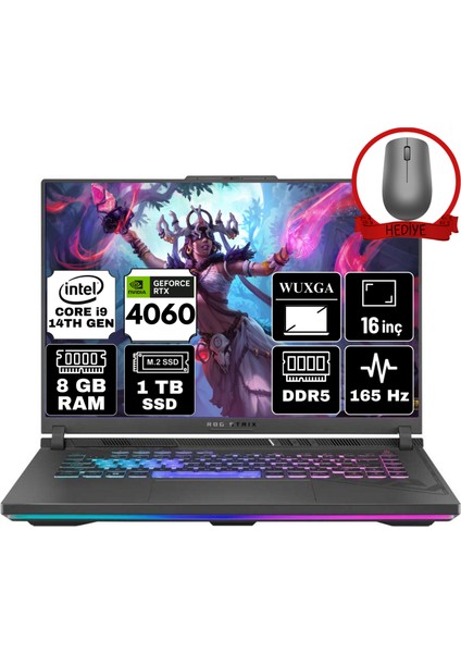 Rog Strıx G16 Intel Core I9-14900HX 8gb 1tb SSD RTX4060/8GB 16" Wuxga 165Hz Freedos Taşınabilir Bilgisayar G614JVR-N3096-A2 & Anzar Mouse