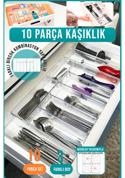 10'lu Modüler Şeffaf Kaşıklık Organizer Kaşık Düzenleyici Çekmece Içi Organizer