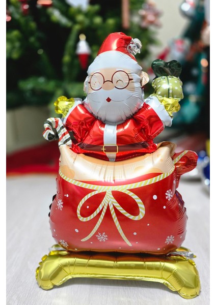 Ayaklı Küçük Hediye Çuvalında Noel Baba Folyo Balon Yılbaşı Balonu