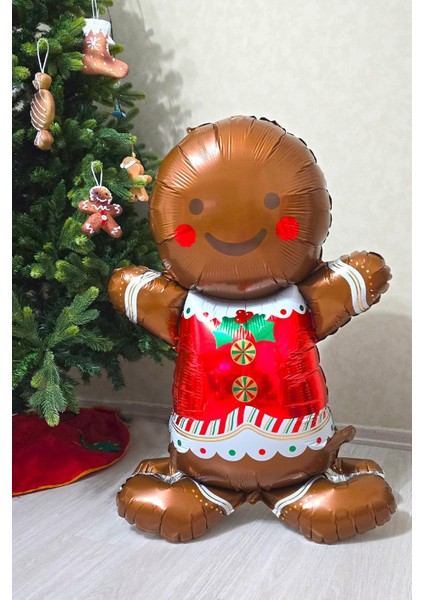 Büyük Ayaklı Kurabiye Adam Folyo Balon 120CM Kendinden Ayaklı Yılbaşı Balonu