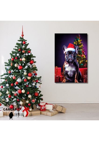 Tekli Dikey Kanvas Duvar Tablosu Yılbaşı si Noel Baba Kostümlü French Bulldog