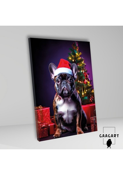 Tekli Dikey Kanvas Duvar Tablosu Yılbaşı si Noel Baba Kostümlü French Bulldog