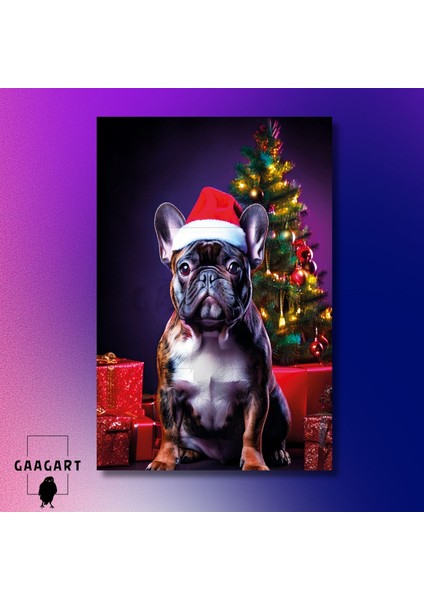 Tekli Dikey Kanvas Duvar Tablosu Yılbaşı si Noel Baba Kostümlü French Bulldog