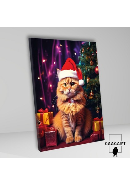 Tekli Dikey Kanvas Duvar Tablosu Yılbaşı si Noel Baba Kostümlü Sarı Kedi