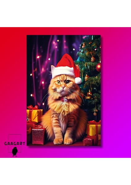 Tekli Dikey Kanvas Duvar Tablosu Yılbaşı si Noel Baba Kostümlü Sarı Kedi