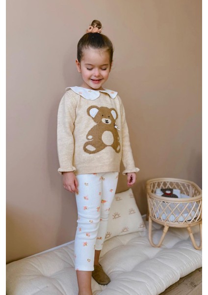 Bear Desenli Triko Yakalı Kız Çocuk 2 li takım - Bej