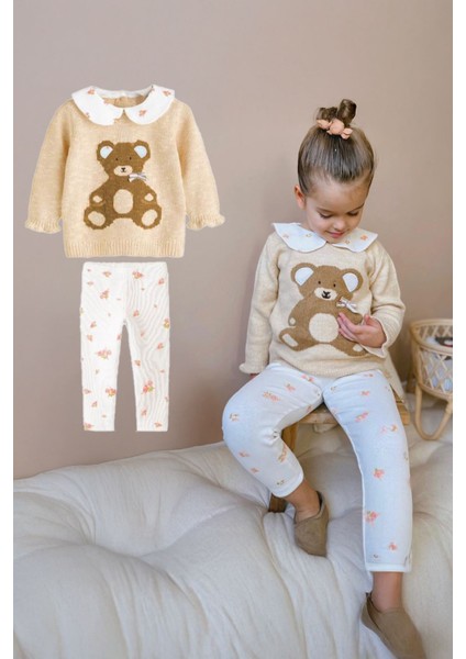 Bear Desenli Triko Yakalı Kız Çocuk 2 li takım - Bej fiyatları